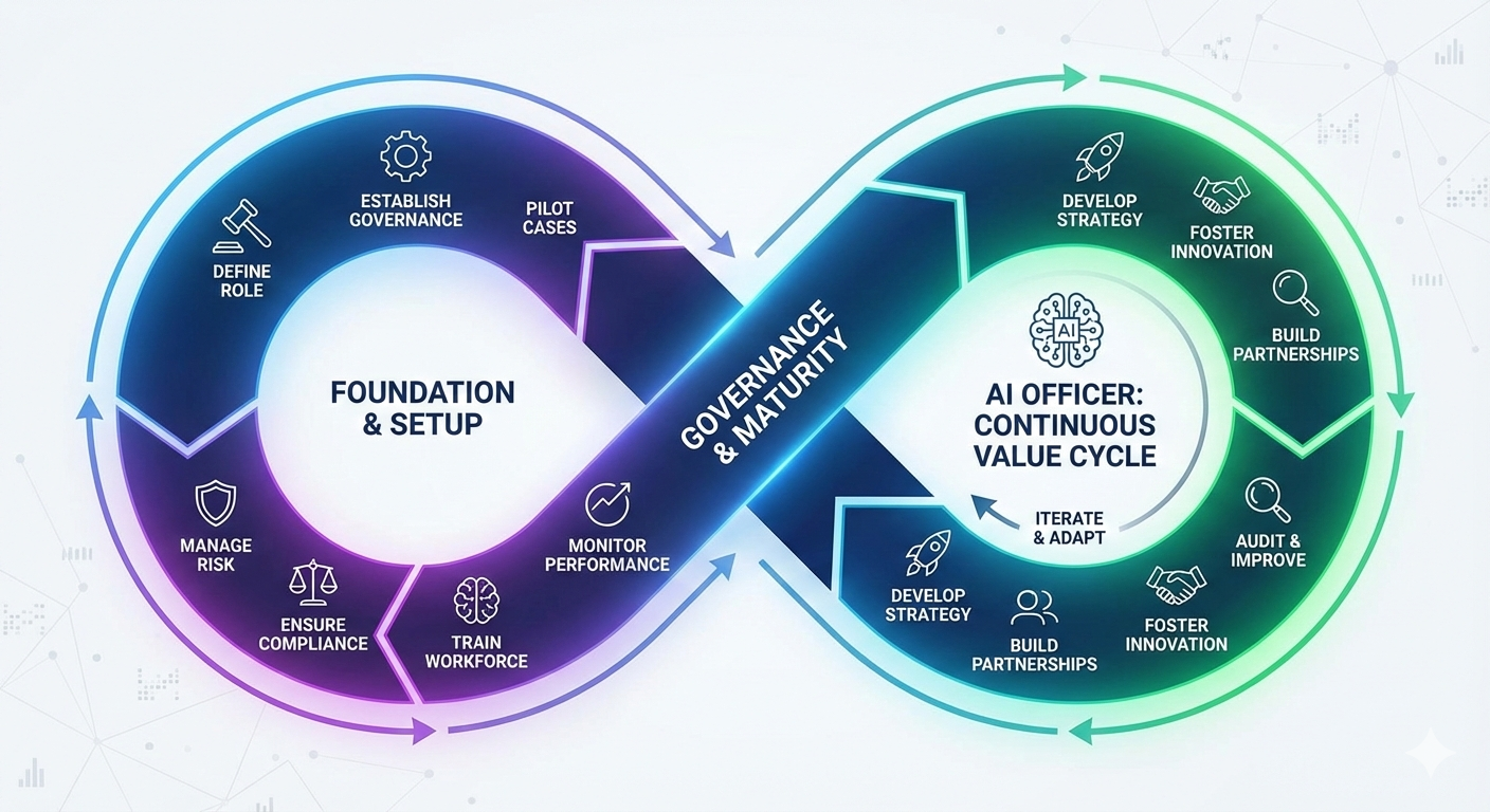 AI Officer continuous value cycle — infinity loop from foundation and setup to continuous value